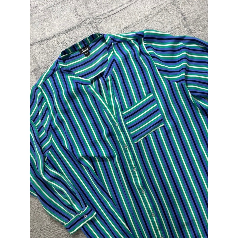Simply Emma Striped Blouse Womens 2X Blue‎ Green Button Front Plus Size Top